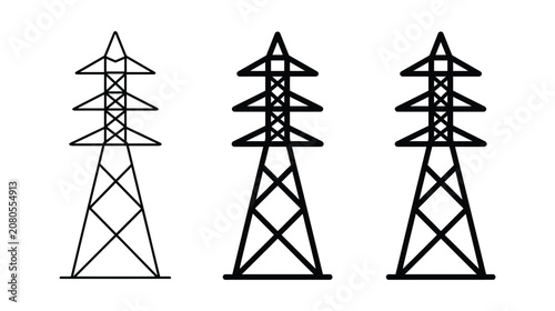 Tower icon set of high voltage power structures in black