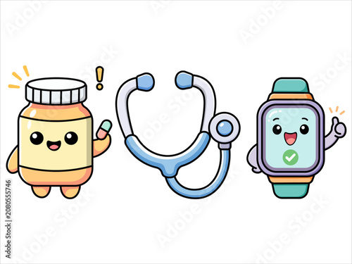 Kawaii Medical Icons with Pill Bottle Stethoscope and Smartwatch