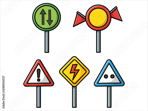 Colorful Cartoon Road Sign Vector Icon Collection