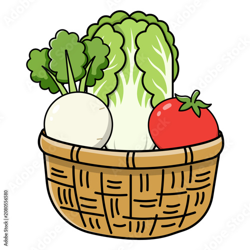 Cartoon Vegetable Basket with Cabbage Radish and Tomato