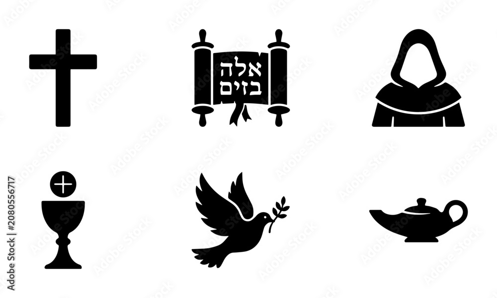 Fototapeta premium Religious Symbols Collection: Cross, Torah Scroll, Monk, Chalice, Dove, Lamp Icons