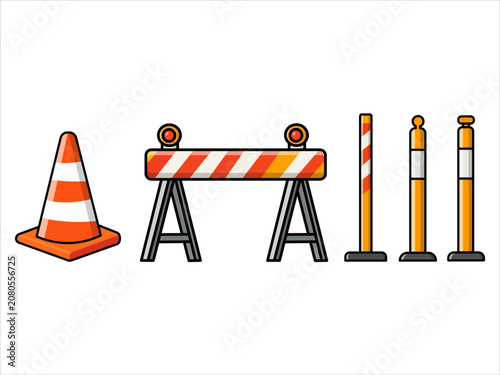 Flat Road Construction and Safety Equipment Icon Set