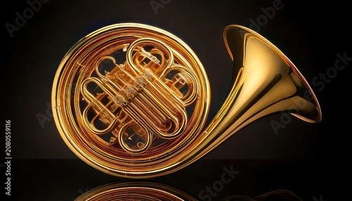 Close-up of a gleaming gold French horn on black background.