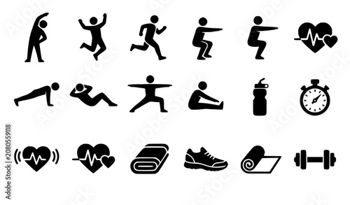 Cuadro en lienzo Fitness training and bodyweight workout icon set featuring black silhouettes of