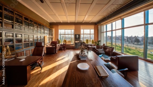 Luxurious Library Office with Floor-to-Ceiling Windows and Panoramic Views.