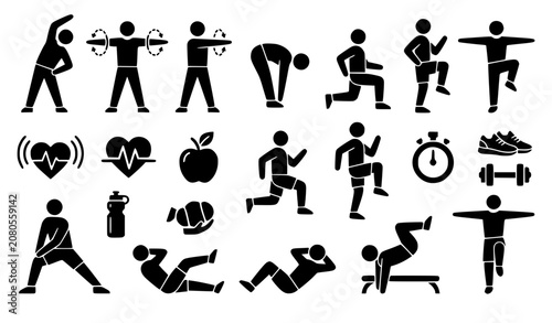 Fotografía Fitness training and bodyweight workout icon set featuring black silhouettes of