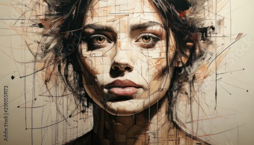 Expressive Portrait of a Woman with Abstract Artistic Elements.