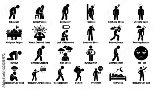 Photos Depression and mental health illness icon set featuring stick figures experienci