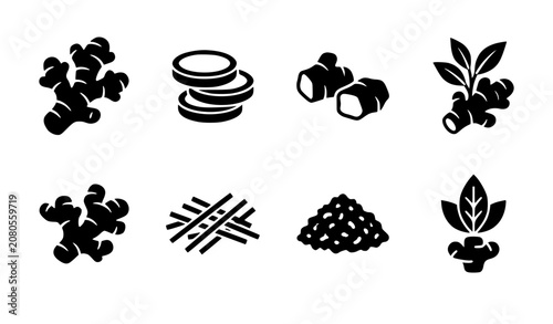 Bild auf Leinwand Ginger root and herbal spice icon set featuring black silhouettes of fresh rhizo