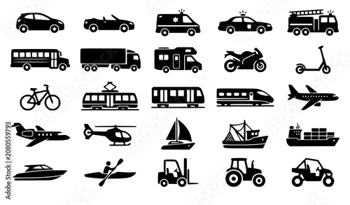 Konstfotografi Logistics travel and industrial transport icons collection with school bus ambul