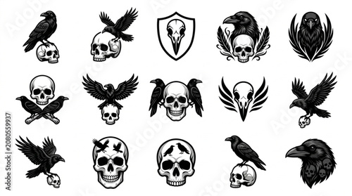 Fotografía Skulls and birds black icons set.