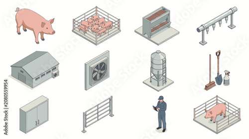 Quadro su tela Isometric illustrations of a pig farm, including pigs, buildings, and equipment