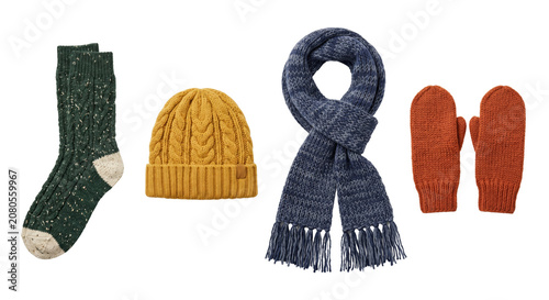 Foto Winter clothing accessories with knitted hat scarf and mittens