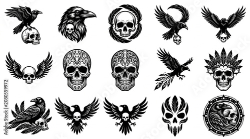 Quadro su tela Skulls and birds tattoo designs.