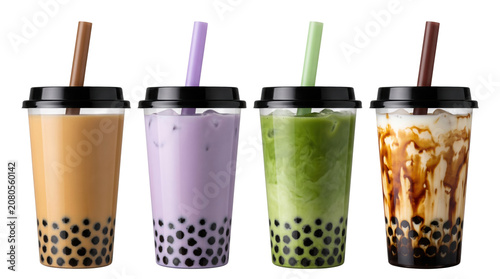 Fotografía Assorted boba milk tea drinks in plastic takeaway cups