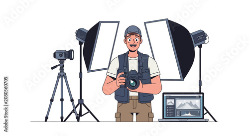 Smiling male photographer with camera and professional studio equipment, including softboxes, tripod, and laptop for photo editing.