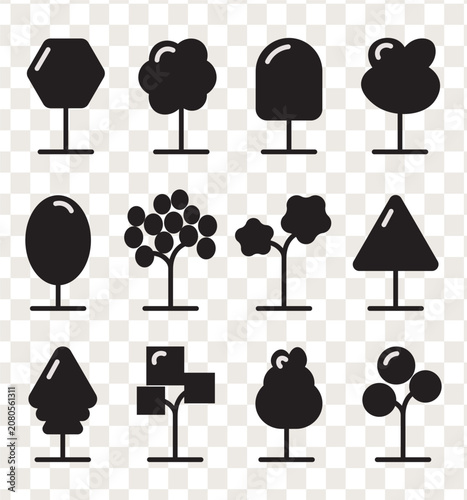 Solid black tree icons set for minimal landscape architecture mapping