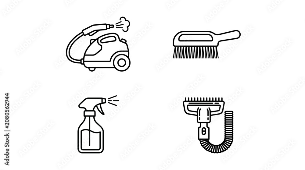 Fototapeta premium Cleaning Tools Icons: Steam Cleaner, Brush, Sprayer, Vacuum Nozzle