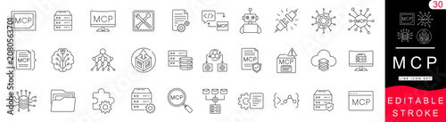 Model Context Protocol (MCP) Line Icon Set – AI Agent, API Integration, Developer Tools, Automation, Server, Workflow, Vector Outline Editable Stroke