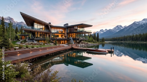 Angular modern lake house with docked motorboat and mountain backdrop