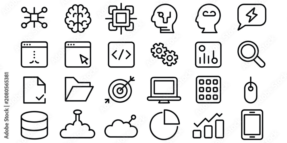 Fototapeta premium Artificial intelligence and technology icons with brain network processing and hardware symbols