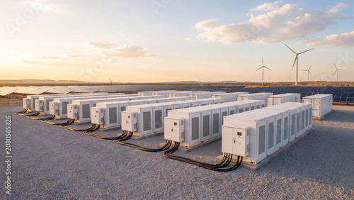 Battery energy storage system containers with solar panels and wind turbines in desert at sunset showing grid scale renewable power storage sustainable clean technology and green energy infrastructure