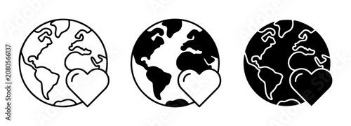Earth Heart Icons, Planet Love Symbols, Global Care Graphics, Vector Set