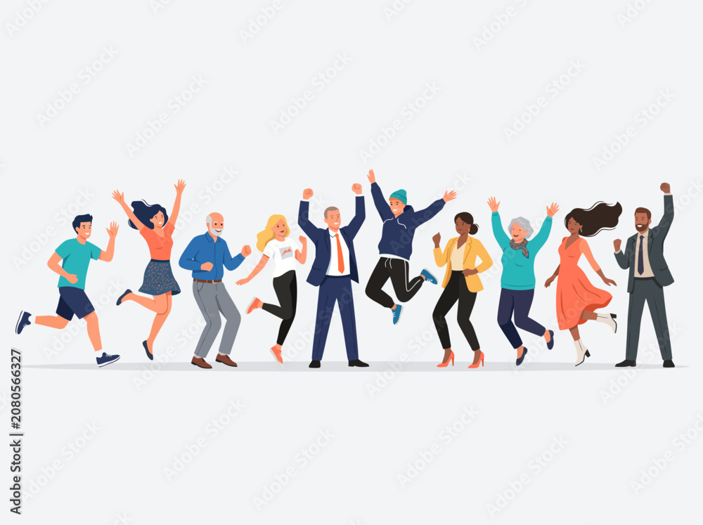 Obraz premium Modern Happy People Jumping and Celebrating Flat Vector Illustration Collection
