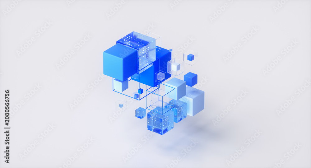 Naklejka premium Abstract futuristic 3D geometric digital blue glass cube data.