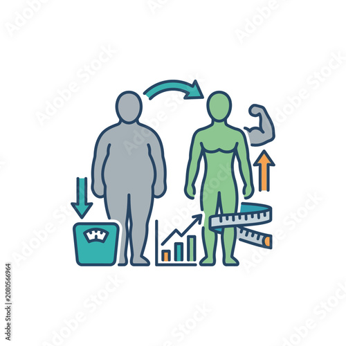 Weight loss and muscle gain transformation progress vector illustration showing fitness journey and healthy body evolution with measuring tape