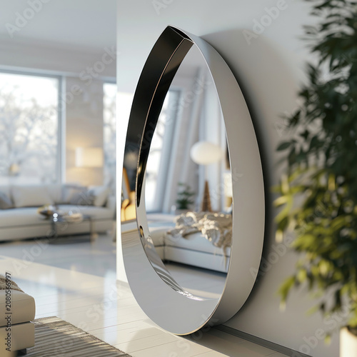 Modern living room interior with comfortable sofa armchairs and big oval statement mirror on wall