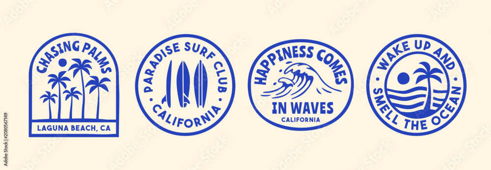 Fototapeta premium Surf badge vector set with retro beach emblems, palm trees, and ocean waves. Minimal coastal logo collection perfect for apparel, branding, and summer designs.
