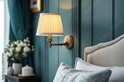 Modern minimal interior, stylish wall-mounted sconce lamp, classic fabric lampshade, warm ambient glow. Teal paneled background enhances contrast, creating cozy living room or bedroom atmosphere.