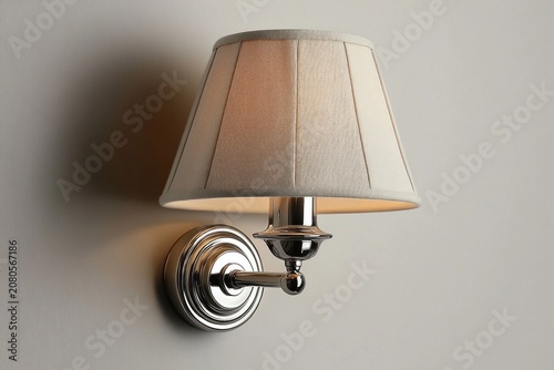 Elegant Wall Sconce lamp with Fabric Lampshade Casting Warm Light on grey Wood Panel