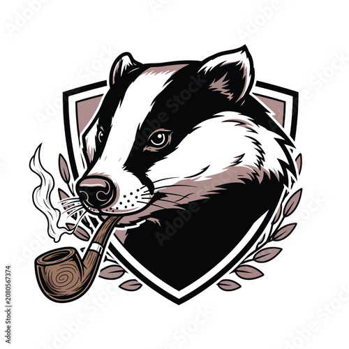 Badger mascot character smoking a wooden tobacco pipe illustration.