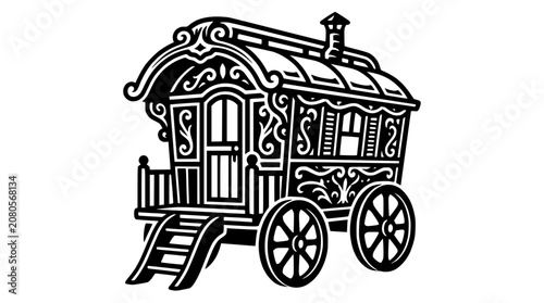 Obraz na płótnie Ornate Gypsy Wagon Illustration - Vintage Caravan Art