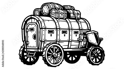 Vintage Horse-drawn Wagon with Barrels and Luggage, Black and White Illustration
