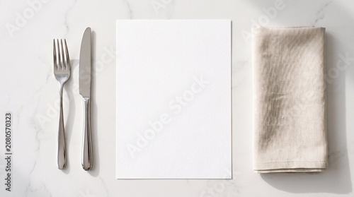 Clean flat lay menu mockup featuring blank paper, silver cutlery, and folded napkin on a neutral background. Ideal for restaurant branding and menu presentations.