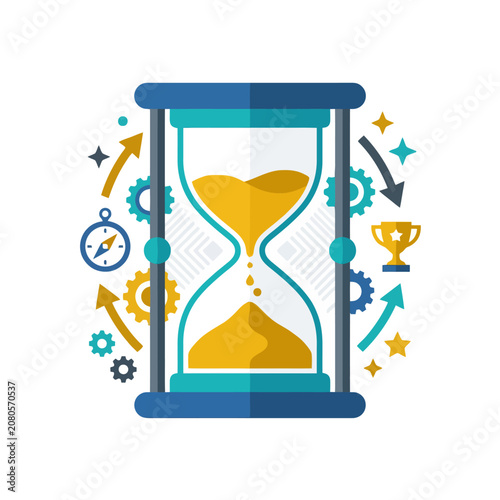 A flat vector illustration of a classic hourglass with gears