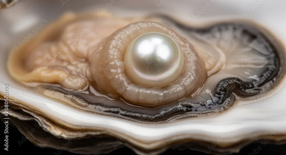 Naklejka premium Pearl Nestled Inside Opened Oyster Shell With Close Up Natural Lighting