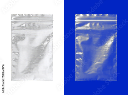 Clear resealable plastic bag with a zipper closure, shown on white and blue backgrounds to highlight the transparent and thin isolated on a transparent background