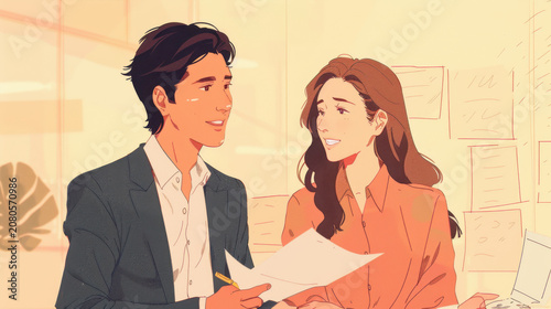 Businessman giving constructive feedback to a female colleague in an office setting with papers