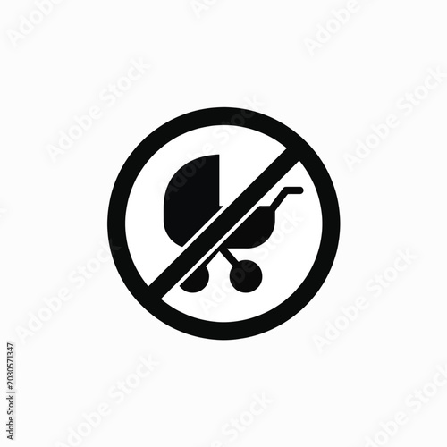 No baby stroller allowed sign, prohibition symbol in black and white