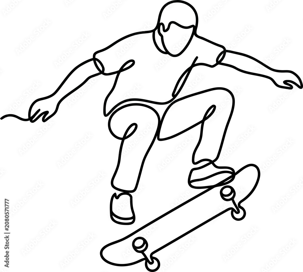 Fototapeta premium Continuous one line drawing of a young person skateboarding.