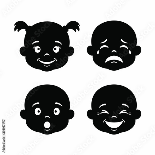 Black and white cartoon baby faces with different expressions