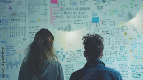 Two colleagues analyzing marketing strategy on a large whiteboard filled with colorful notes and diagrams in a modern office
