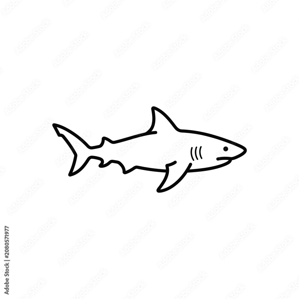 Fototapeta premium Shark icon line art design representing powerful marine predator fish silhouette vector graphic element.
