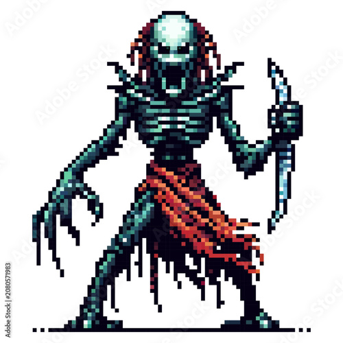 A skeleton figure stands in a dark setting, holding a sharp object. The figure has long, bony fingers and a torn garment. Shadows add depth to the scene