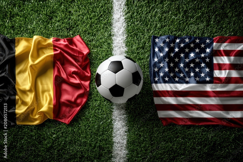 Fototapeta premium Dramatic Top View of Soccer Ball Between Belgium and USA Flags on Turf