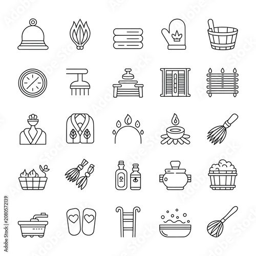 Fotografie Sauna Steam Bath Line Icons Featuring Bathroom Equipment Birch Oak Bucket Hammam